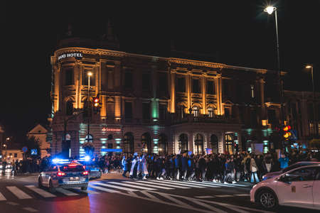 Lublin, Poland - October 23, 2020: People walking the city center during protest (Pogrzeb Praw Kobiet) organized by Strajk Women against abortion ban in Polandのeditorial素材
