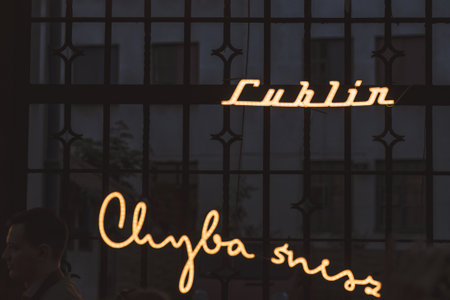 Lublin, Poland - June 1, 2019: Illuminated neons at Olejna Street during Night of Culture (Noc Kultury) in old townのeditorial素材