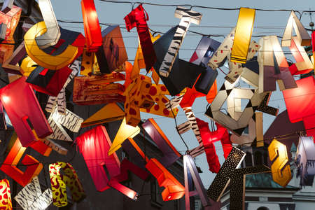 Lublin, Poland - June 1, 2019: Illuminated letters as art decorations at ZÅota Street during Night of Culture (Noc Kultury) in old townのeditorial素材