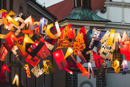 Lublin, Poland - June 1, 2019: Illuminated letters as art decorations at ZÅota Street during Night of Culture (Noc Kultury) in old townのeditorial素材
