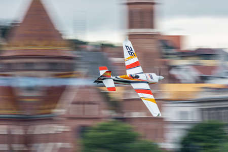 Budapest, Hungary - June 23, 2018: Juan Velarde in Zivko Edge 540 at Red Bull Air Race (The World Air Sports Federation event)のeditorial素材