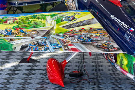 Budapest, Hungary - June 23, 2018: Colorful wing of Zivko Edge 540 used by Petr Kopfstein in race airport's hangar at Red Bull Air Race (The World Air Sports Federation event)のeditorial素材