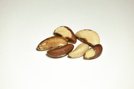 Several brazil nuts on a white background.の写真素材