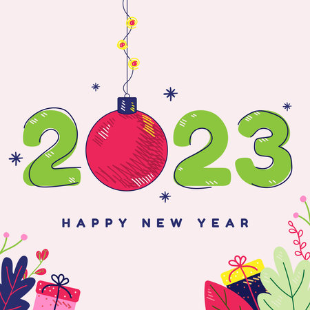Merry Christmas and Happy New Year 2023. decorative lights, christmas ball, gift box, template, Hand...