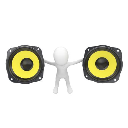 3d man with huge yellow bass speakersの写真素材