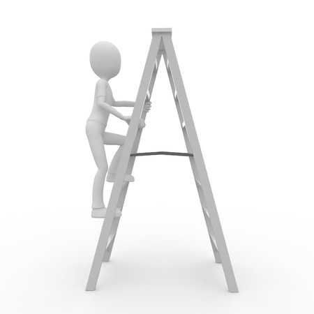3d man worker climbing a ladder isolated on whiteの写真素材