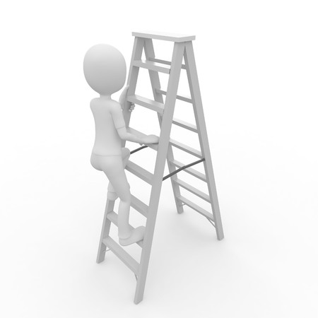3d man worker climbing a ladder isolated on whiteの写真素材