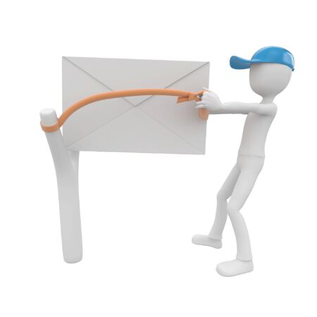 3d man post man with blank envelope and slingshotの写真素材