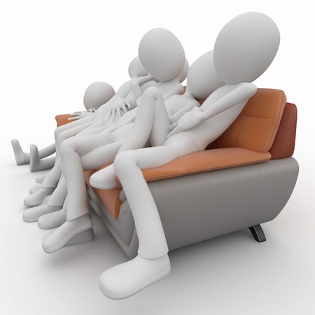 3d man with sofa isolated on whiteの写真素材