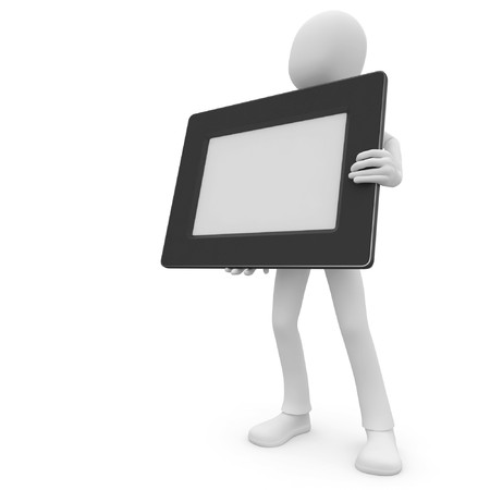 3d man with blank photo frame isolated on whiteの写真素材