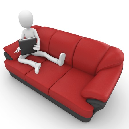 3d man with tablet pc isolated on whiteの写真素材