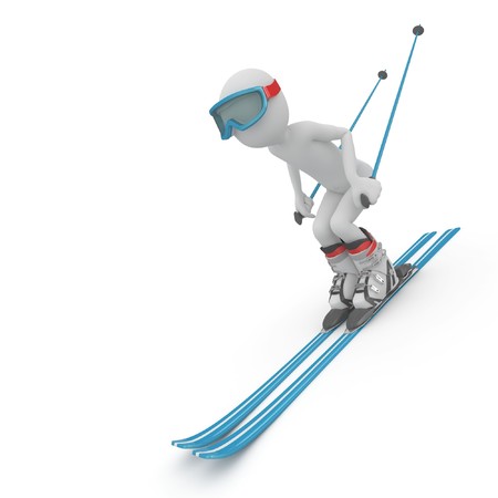 3d man skiing down a slope isolated on whiteの写真素材