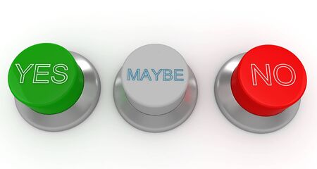 3d man with green, red and gray buttons yes no maybeの写真素材
