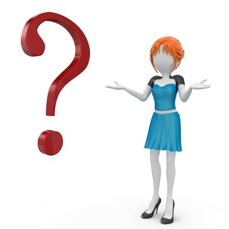 3d girl with question mark isolated on whiteの写真素材