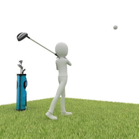 3d man with golf course isolated on whiteの写真素材