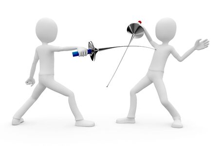 3d man fencers dueling isolated on whiteの写真素材