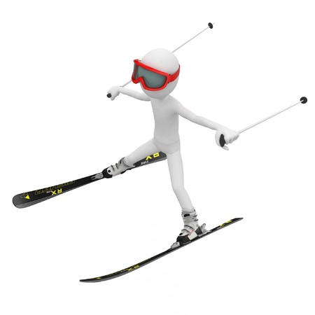 3d man skiing down a slope isolated on whiteの写真素材