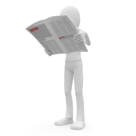 3d man with newspaper isolated on whiteの写真素材