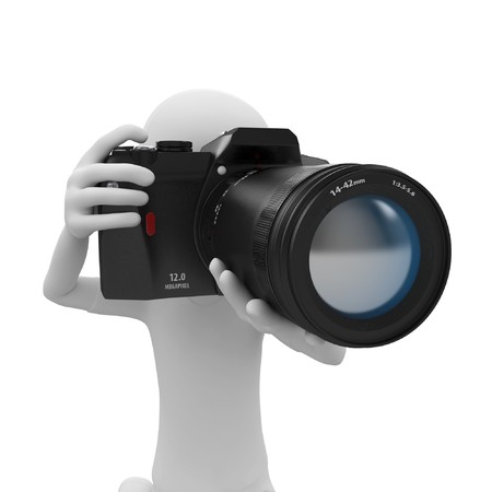 3d man with DSLR camera isolated on white