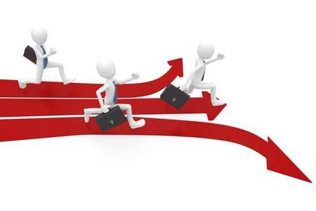 3d man race with multiple arrow paths isolated on whiteの写真素材