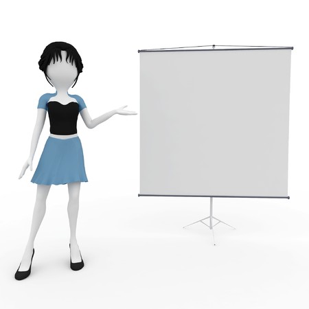 3d  girl presenting with blank board isolated on whiteの写真素材