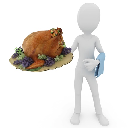 3d man with turkey plate isolated on whiteの写真素材