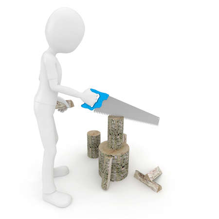 3d man with saw isolated on whiteの写真素材