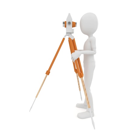 3d man with theodolite measuring isolated on whiteの写真素材