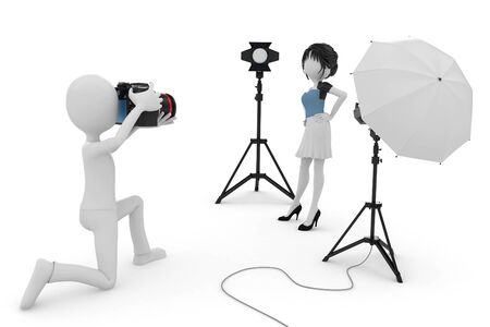 3d man and girl studio photo session isolated on whiteの写真素材