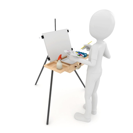 3d man painting on canvas isolated on whiteの写真素材