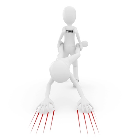 3d man dragged by time isolated on whiteの写真素材