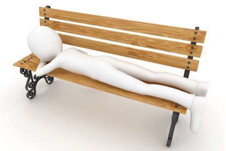 3d man sleeping on bench isolated on whiteの写真素材