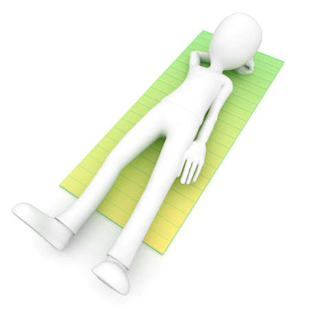 3d man sleeping on a mat isolated on whiteの写真素材