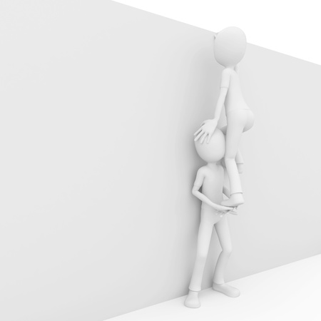 3d man helping friend to climb  isolated on whiteの写真素材