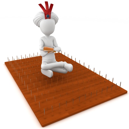 3d man sitting on nails bed isolated on whiteの写真素材