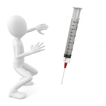 3d man with syringes scared isolated on whiteの写真素材
