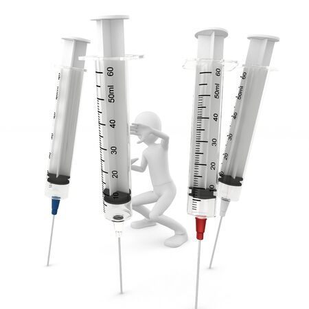 3d man with syringes scared isolated on whiteの写真素材