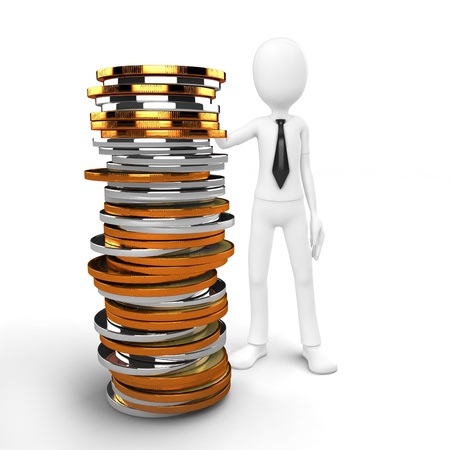 3d man with stack of coins isolated on whiteの写真素材
