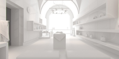 3d interior design blank shop with white furnitureの写真素材