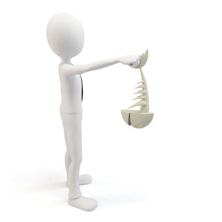 3d man with fish skeleton  isolated on whiteの写真素材