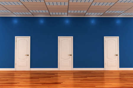 3d interior room with white doors and wood floorの写真素材