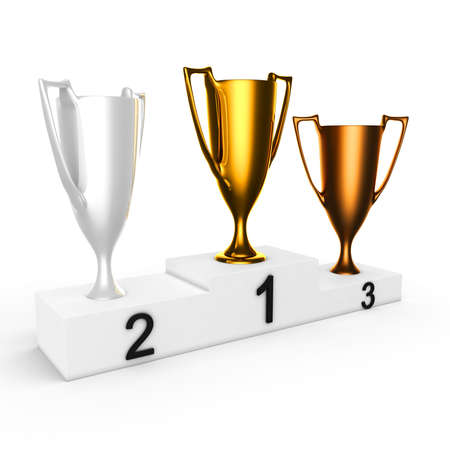 3d gold silver bronze cups on podium isolated on whiteの写真素材