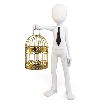 3d man with golden bird cage isolated on whiteの写真素材