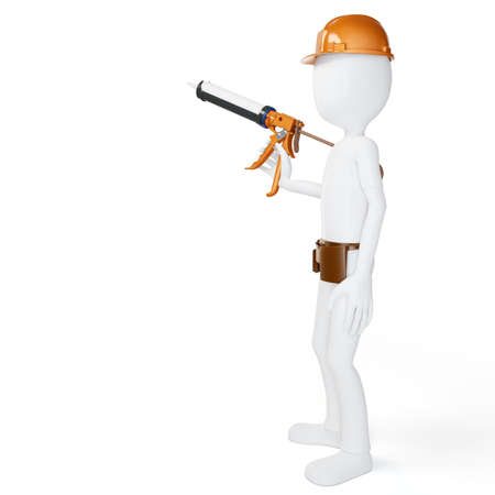 3d man worker with caulk gun isolated on whiteの写真素材