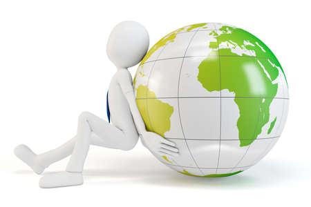 3d man pushing the earth globe isolated on whiteの写真素材