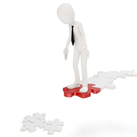 3d man whit interrupted path of puzzle isolated on whiteの写真素材