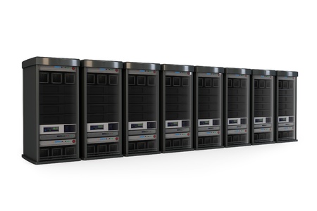 3d row of server racks isolated on white