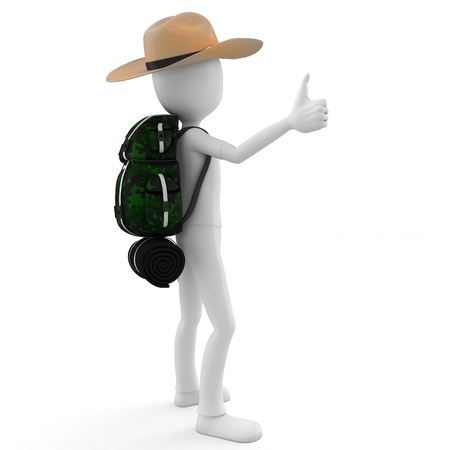 3d man hitcher tourist with a backpack on white backgroundの写真素材
