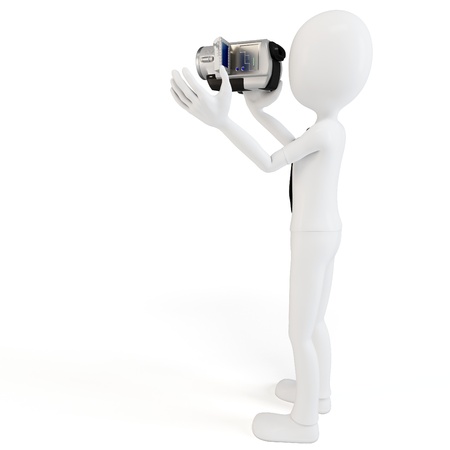 3d man with video camera on white backgroundの写真素材