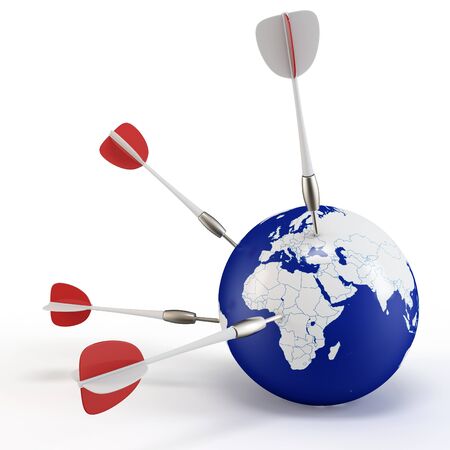 3d earth with darts on white backgroundの写真素材